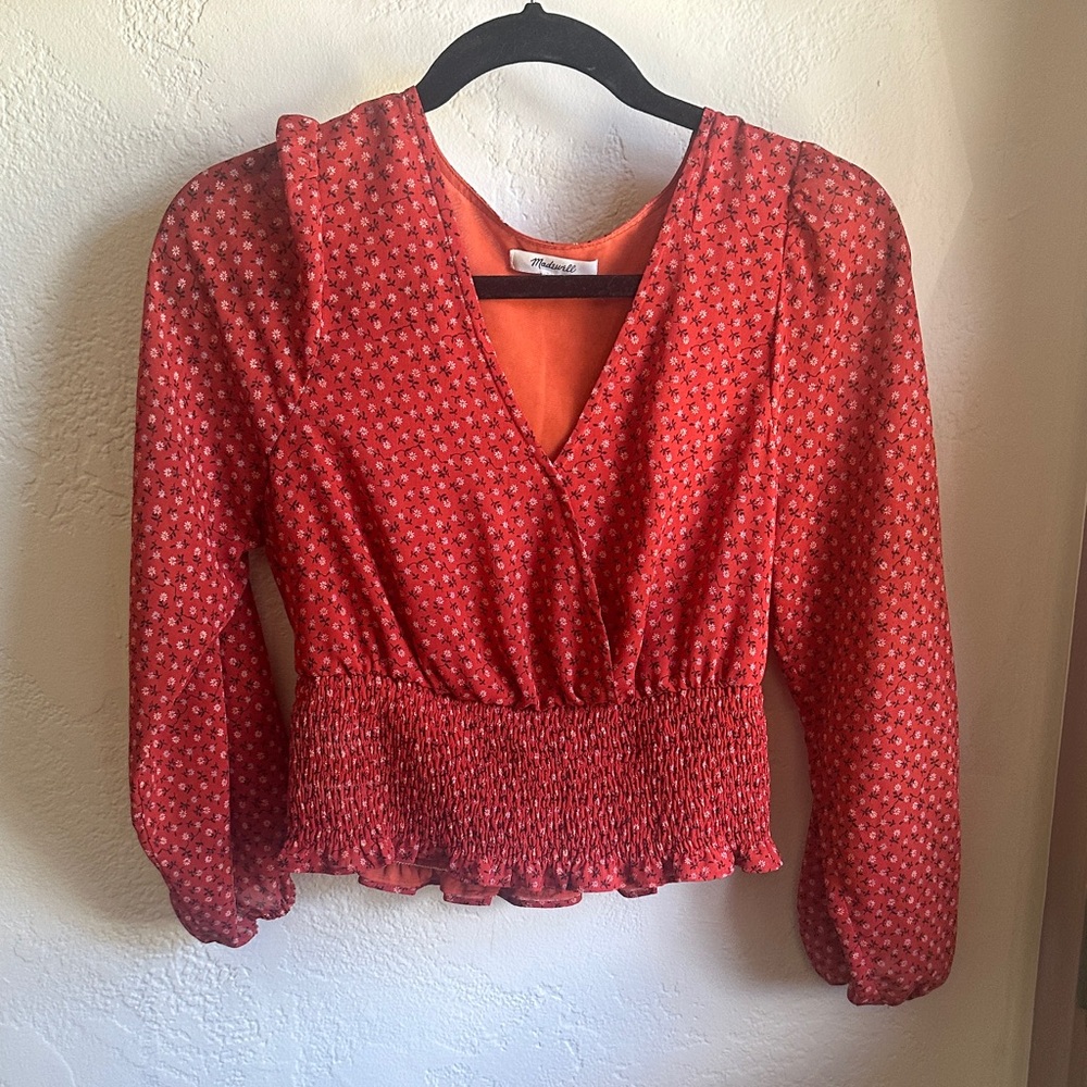 Madewell Red Patterned Smocked Blouse